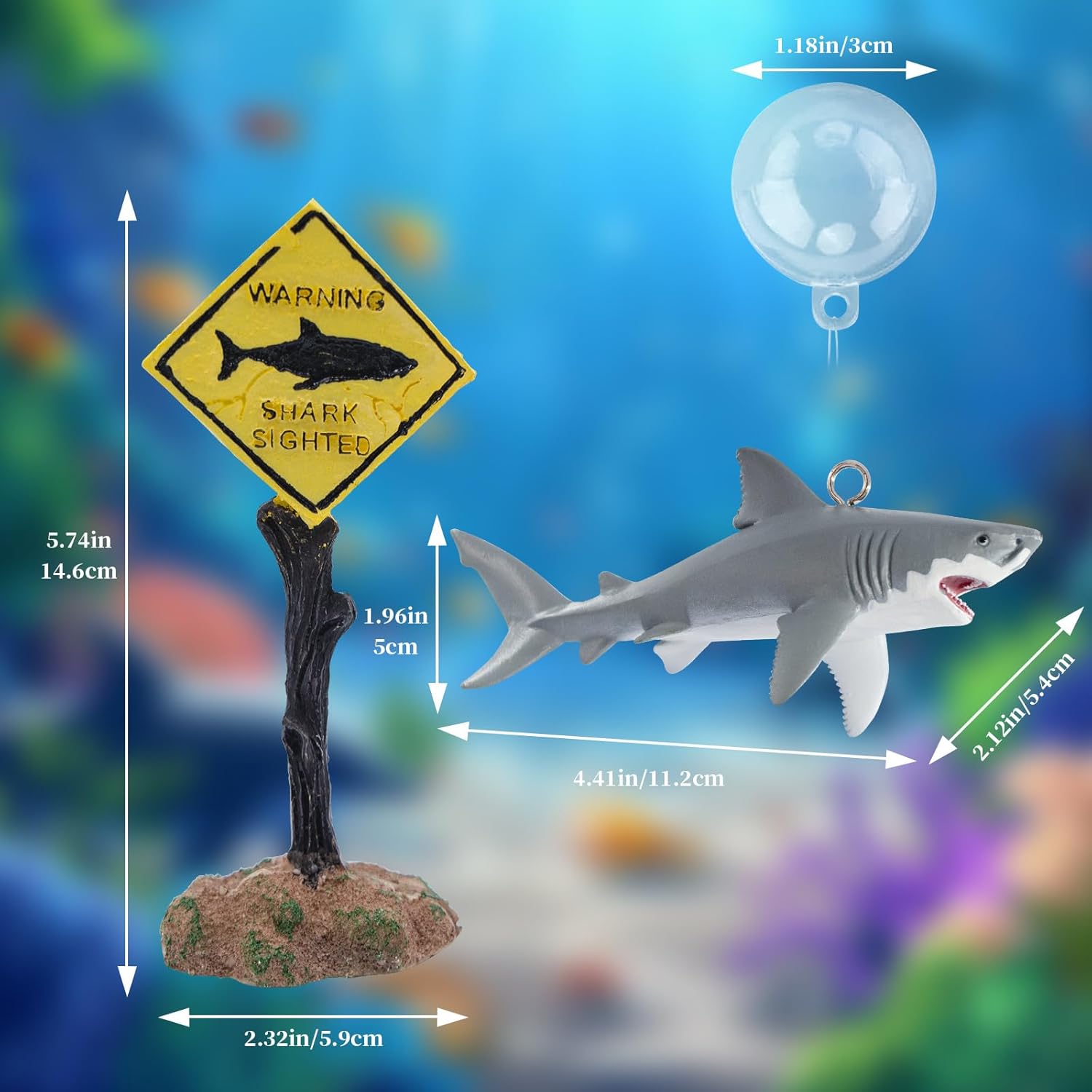 Fish Tank Decor Set, Plastic Great White Shark Statue with Floating Ball and a Warning Sign Decor, Fish Tank Decorations, Fish Aquariums Accessories, Aquarium Decor
