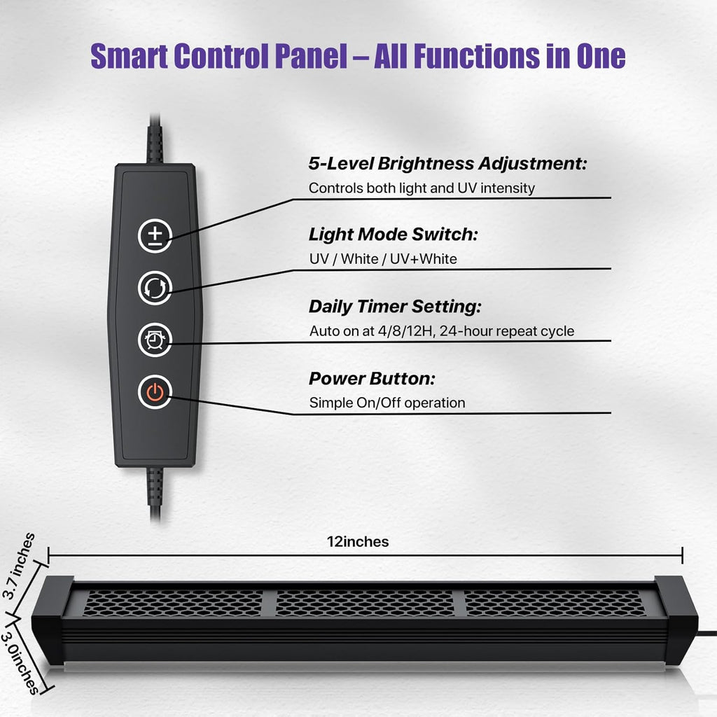12" Aluminum UVB 10.0 LED Reptile Light Bar with Timer & Dimmer, Ultra-Slim Metal UVB/UVA Lamp for Terrariums – Even Light Output, Long Lifespan, Ideal for Bearded Dragons, Turtles & Lizards