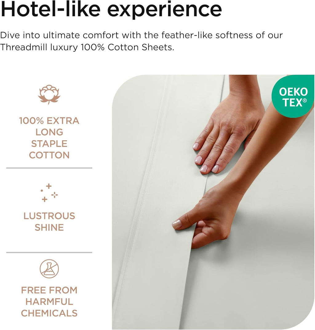 Threadmill 100% Cotton Sheets for Full Size Bed - 600 Thread Count Full Bed Sheets Set with 16” Deep Pocket - Sateen Weave 4-Piece Bedding Set with Cooling Effect, Light Grey