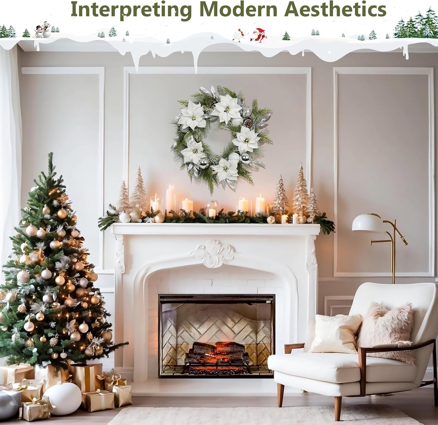 Christmas Wreath Artificial Wreath with White/Silver Balls, White Poinsettias and Silver Leaves Multi-Element Decoration for Indoor & Outdoor Doors, Corridors and Fireplaces