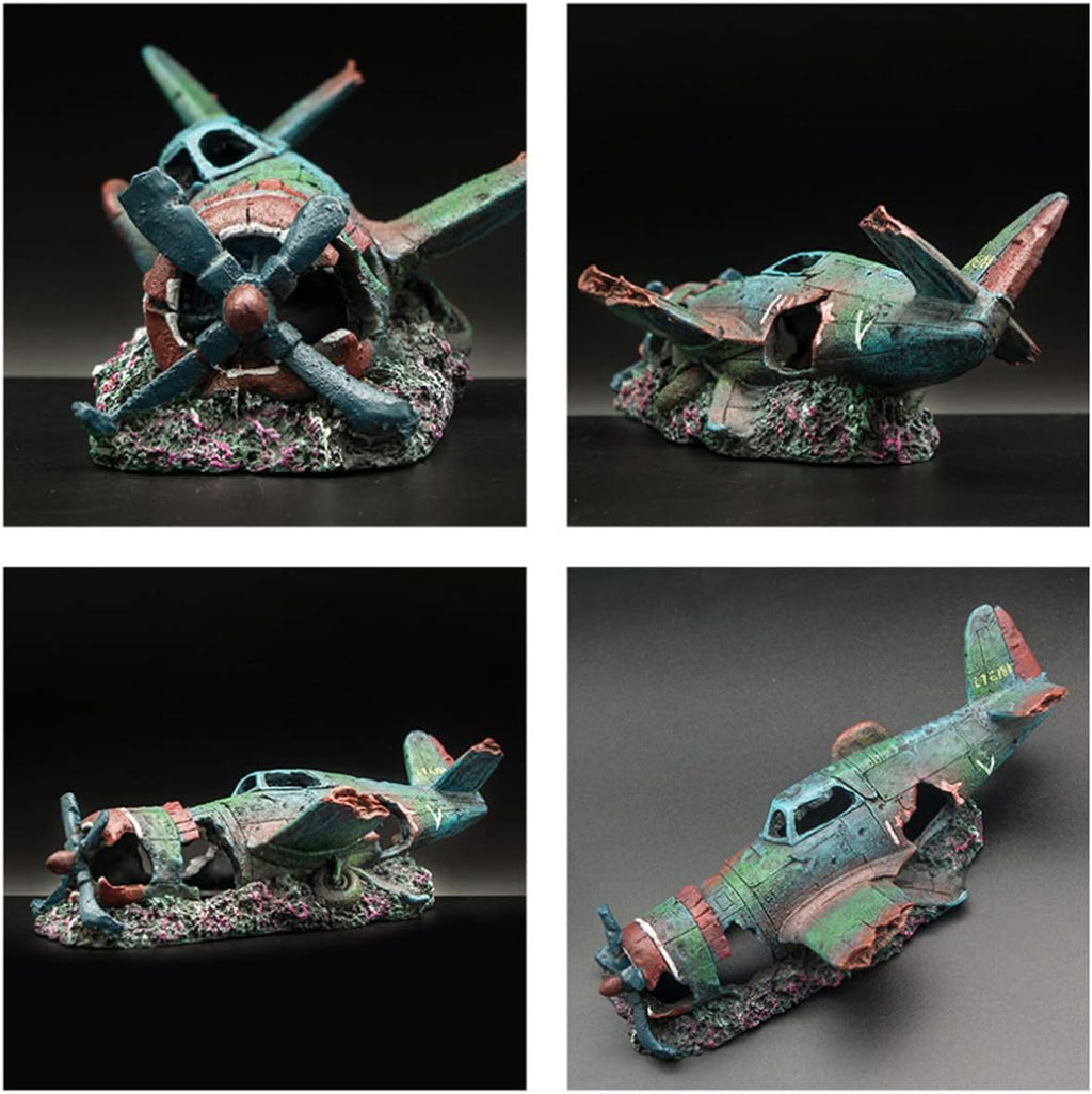 Fish Tank Decoration Fighter Vintage Airplane Ruins Submarine Landscape Fish Shrimp Shelter Cave Hideout Resin Aquarium Decor Turtle Tank Decoration