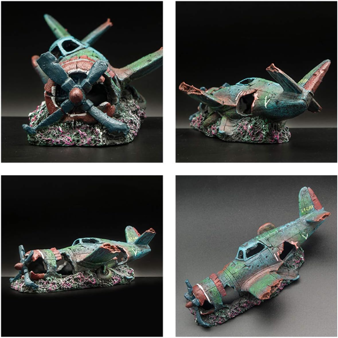 Fish Tank Decoration Fighter Vintage Airplane Ruins Submarine Landscape Fish Shrimp Shelter Cave Hideout Resin Aquarium Decor Turtle Tank Decoration
