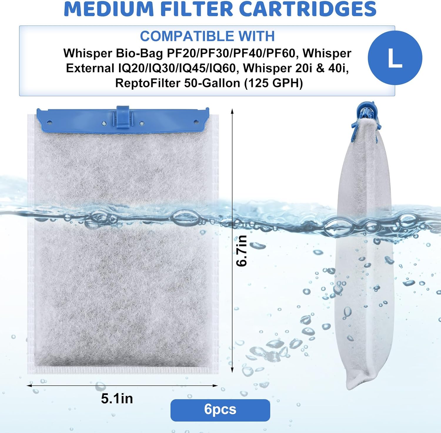 6 Pack Large Replacement Aquarium Filter Cartridges Compatible with Tetra Whisper Bio-Bag Filters, Fish Tank Large Filter Cartridges for Whisper 20i/40i IQ20/30/45/60 PF20/30/40/60 Power Filters