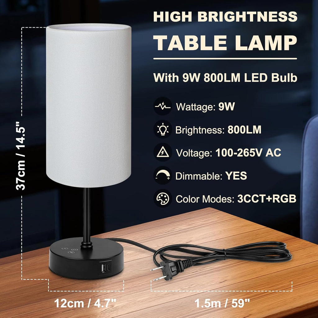 Unicozin Small Table Lamp, 3 CCT 3000K/4500K/6500K & RGB Color Changing, Stepless Dimmable Bedside Lamp for Reading, Touch Control Ambience Nightstand Light for Home Decor Party, Cream Shade