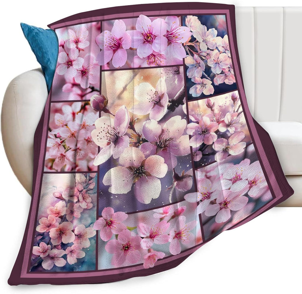 Cherry Blossoms Throw Blanket Japanese Sakura Floral Print Throw Blankets Gifts for Couch Sofa Bed Stuff Decor Lightweight Soft Cozy Fleece Plush Flannel Bedding for Lover Men Women 60"x80"