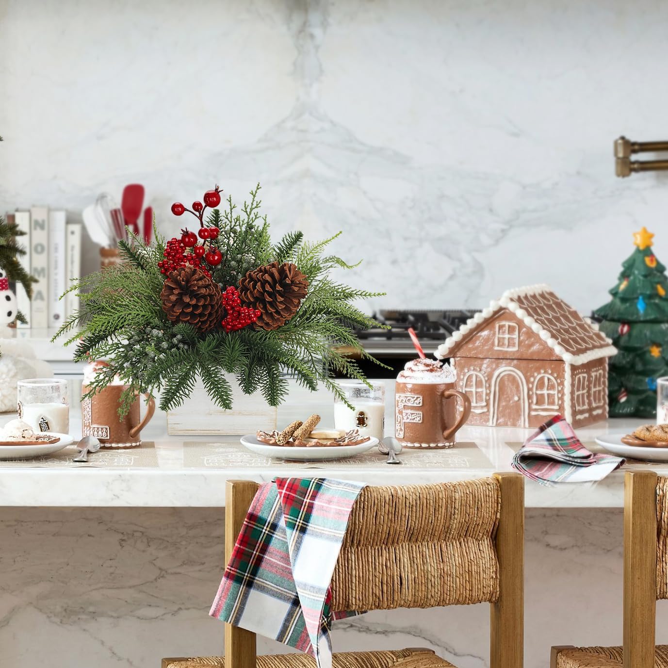 Christmas Centerpieces Table Decorations 10" Small Artificial Potted Christmas Tree Norfolk Pine Plants with Red Berry Pine Cones in Wooden Pot for Home Winter Xmas Mantel Farmhouse Indoor Decor