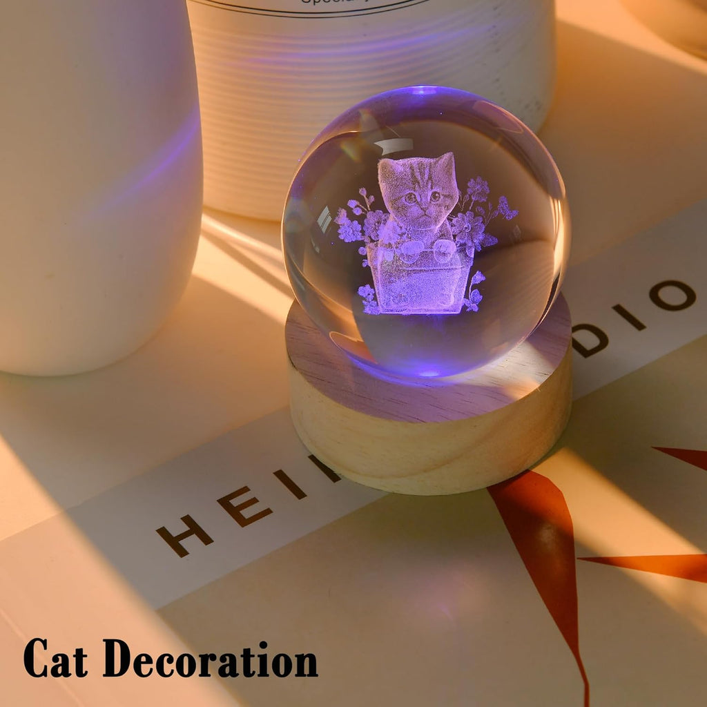 IFOLAINA 3D Flower Pot Cat Crystal Ball Cat Lover Gifts for Women Girl Birthday Christmas Cute Crystal Pet Sphere Decor