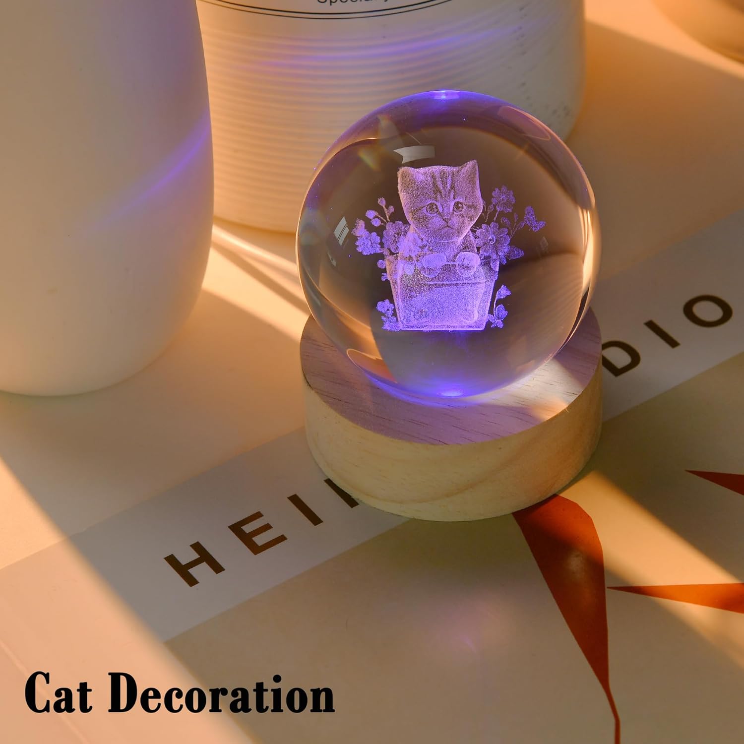 IFOLAINA 3D Flower Pot Cat Crystal Ball Cat Lover Gifts for Women Girl Birthday Christmas Cute Crystal Pet Sphere Decor