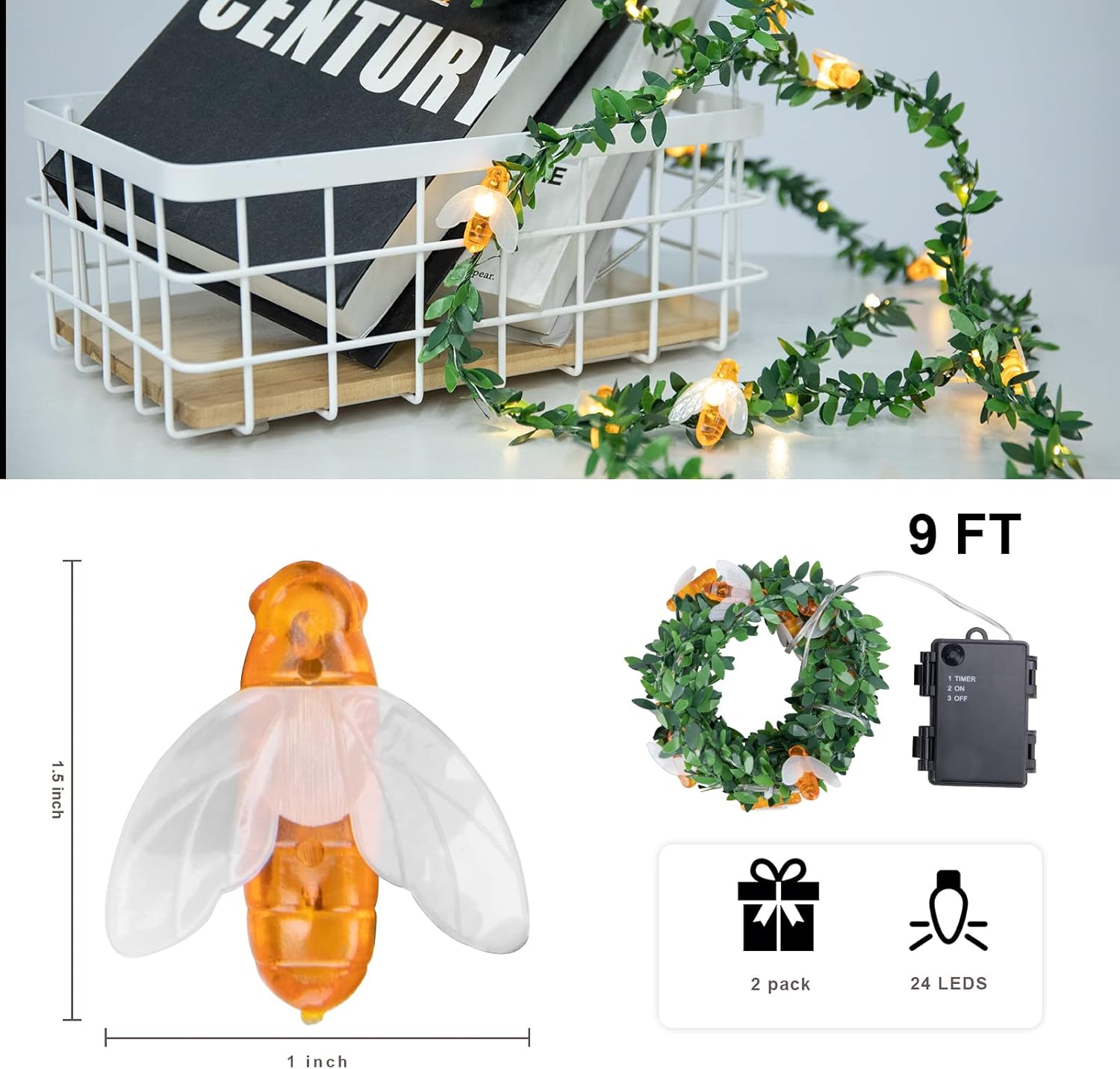 Vigdur 2 Packs Vine Lights - Tiny Leaf Ivy String Lights with 48 Bee Lights Battery Powered Waterproof Fairy Light Indoor Outdoor for Bedroom Party Garden Wall Décor St. Patrick's Day