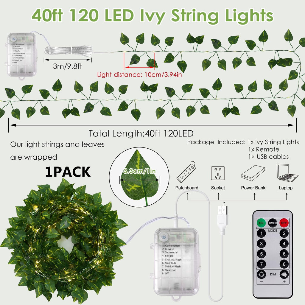 OMIKA Vine with Fairy Lights Battery Operated, 40FT 120LED Pothos String Lights with Remote, Pothos Leaf Lights for Bedroom, Wall, Garden, Party, Wedding Decor(Warm White)