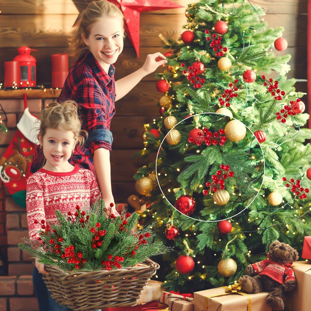 60 PCS Artificial Pine Branches Christmas Faux Pine Greenery Stems Red Holly Berries Fake Cedar Pine Needles Picks for Christmas Tree Wreath Garland DIY Crafts Holiday Home Decoration
