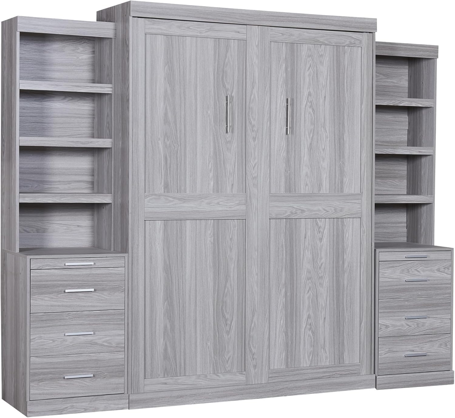 Full Murphy Bed with Bookcase Shelves and 6 Drawers,Metal & Pine Wood Folding Murphy Wall Bed Cabinet for Adults
