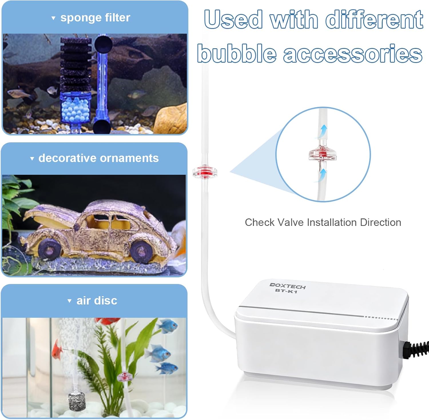 Boxtech Ultra Quiet Aquarium Air Pump, 2W Energy Saving, Low Noise Oxygen Pump for 1-30 Gallon Freshwater and Saltwater Tanks (Only Air Pump)