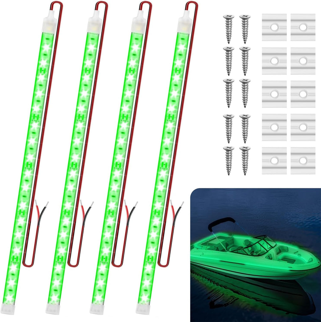 Boat Marine Submersible Led Strip Lights, 4 Pcs 12 Inches 12V Super Bright Boat Interior Lights, IP68 Waterproof Marine Led Strip Lights Night Fishing Lights for Boats, Kayak (Green)