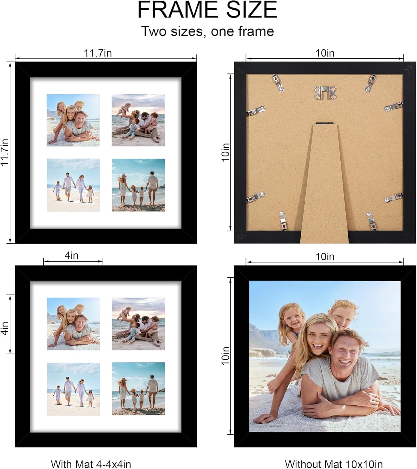 10x10 Picture Frame Set of 2, Real Glass and Black Collage Frame, Display Pictures Four Opening 4x4 With Mat or 10 x 10 Without Mat for Wall Hanging or Tabletop