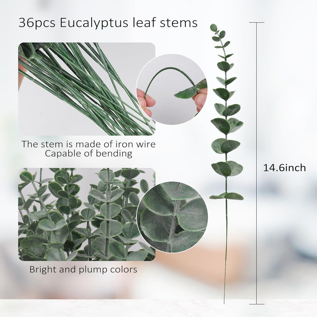 RECUTMS 36PCS Eucalyptus Leaves Stems 15Inch Artificial Green Leaf Branches Plant Bundle for Indoor Outdoor Home Office Wedding Centerpiece Flower Bouquet Floral Arrangement Table Farmhouse Decoration