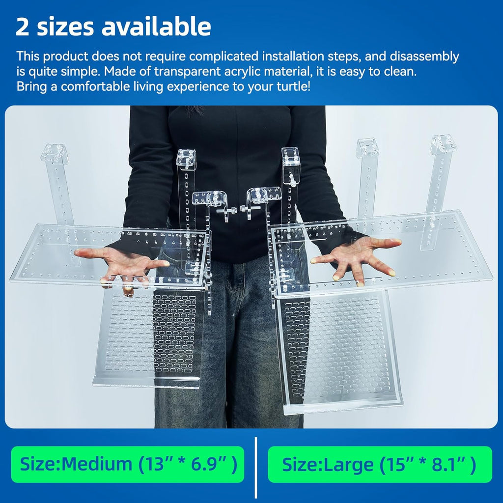 Turtle Docks Large Adjustable Turtle Basking Platform for Aquatic Turtles, Design for Tanks 0.3"-2" Thick, Stable Construction,Slip-Resistant Ramp,Adjustable Ramp Direction (13'' x 6.9'')