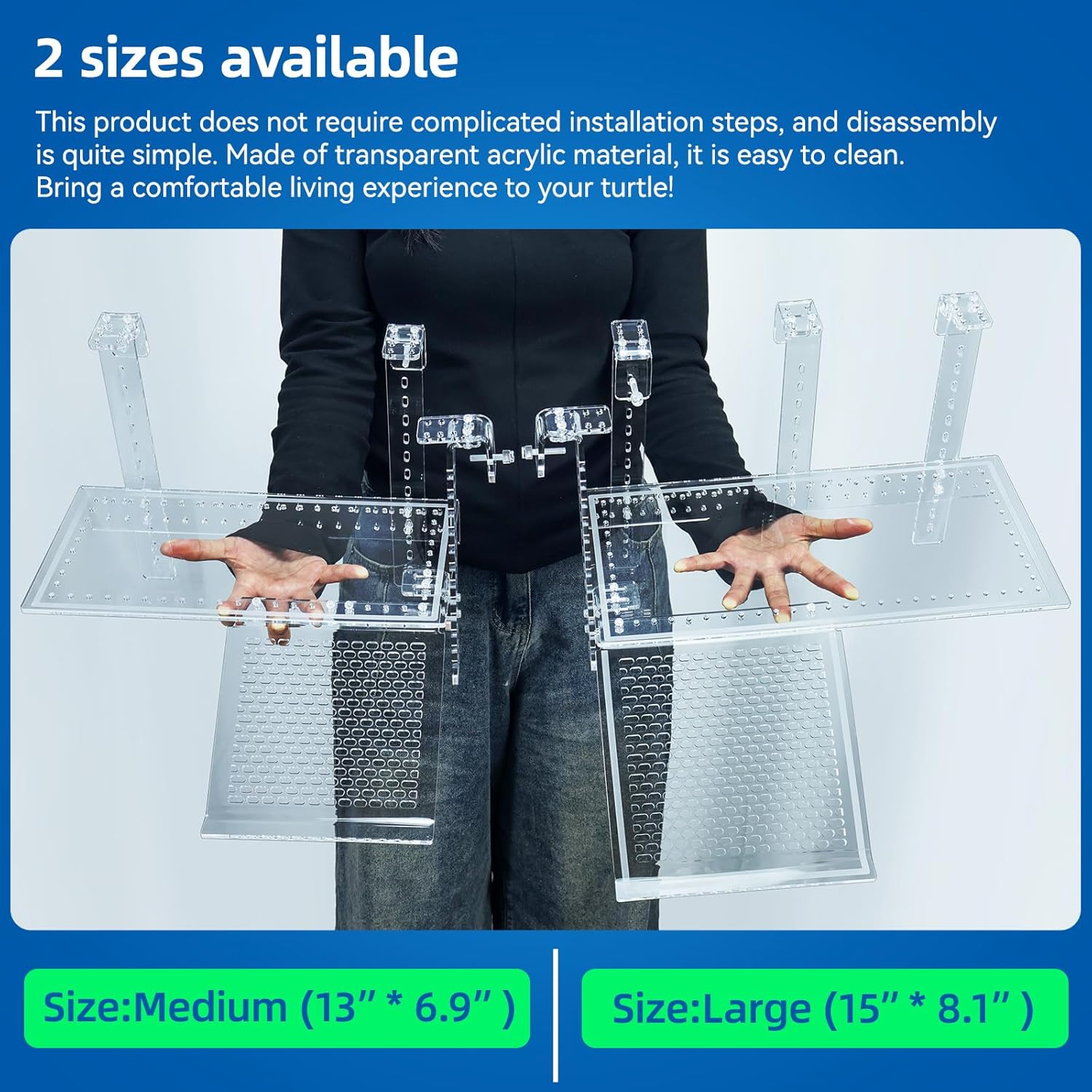 Turtle Docks Large Adjustable Turtle Basking Platform for Aquatic Turtles, Design for Tanks 0.3"-2" Thick, Stable Construction,Slip-Resistant Ramp,Adjustable Ramp Direction (13'' x 6.9'')