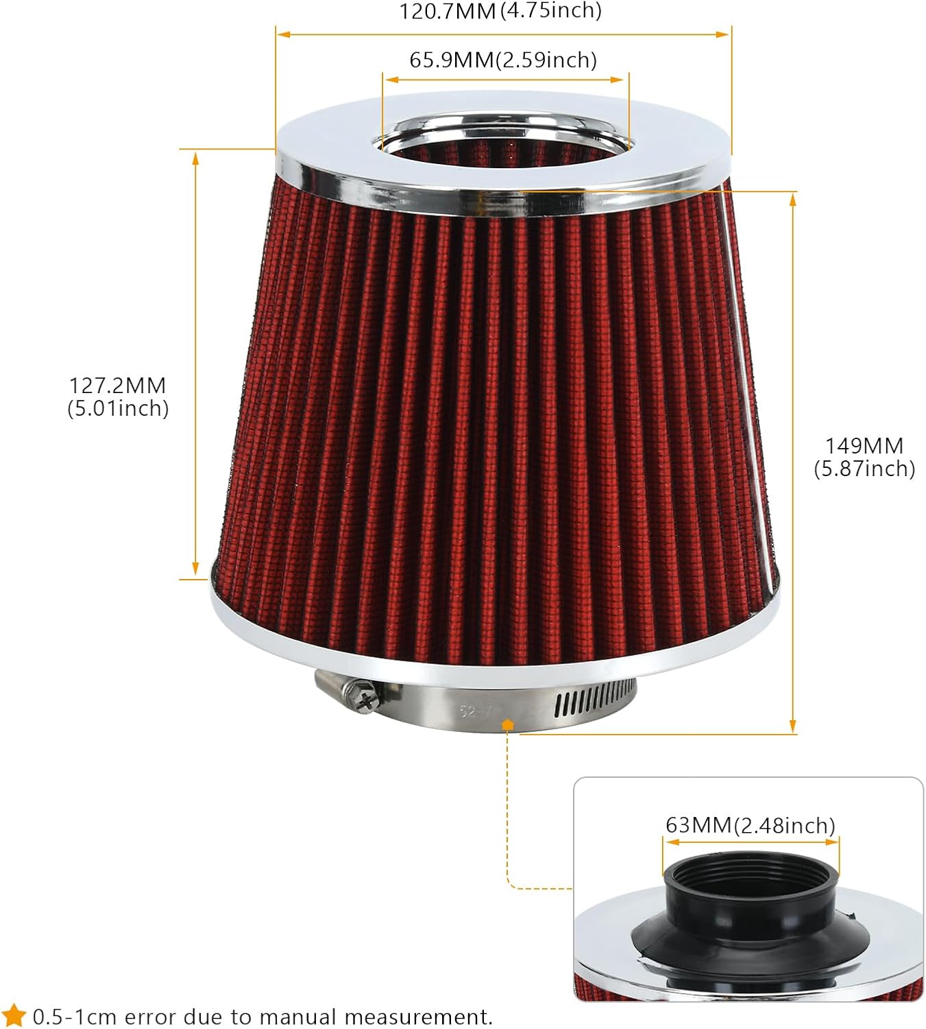 PTNHZ Universal Red 2.5" 63mm High Flow Cold Air Intake Cone Air Filter Power Intake Air Inlet System Air Cleaner
