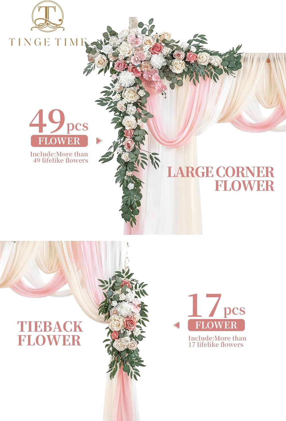 TINGE TIME Artificial Arch Flowers Kit Pack of 5, Wedding Decorations for Reception with Hanging Flowers, Wedding Arch Silk Floral Arrangements Ceremony Backdrop Bridal Shower Outdoor Party Decor