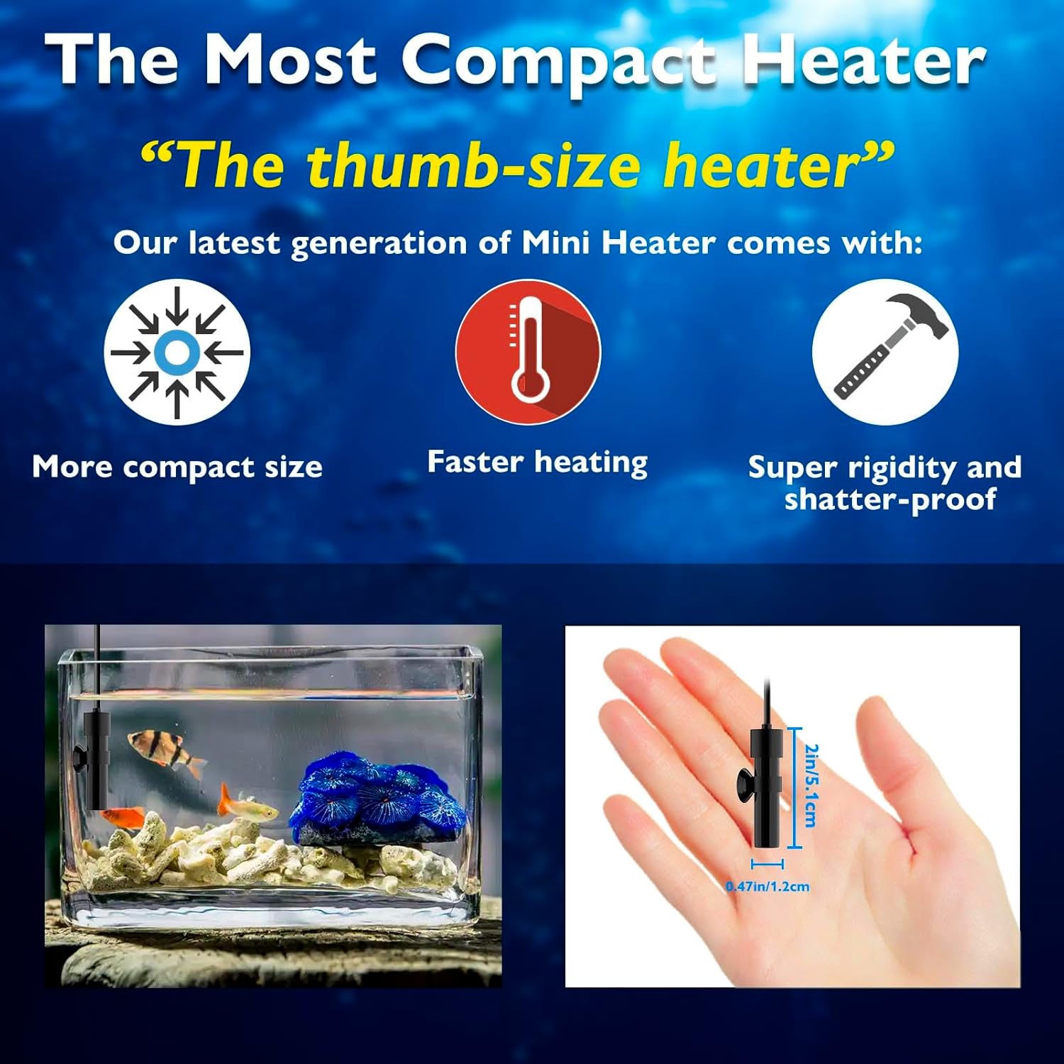 Super Mini Aquarium Heater USB 10W Alumina Ceramic Betta Heater Adjustable Submersible Fish Heater Small Fish Tank Heater Turtle Heater with Digital Display Thermostat, for 0-1 Gallon Tanks