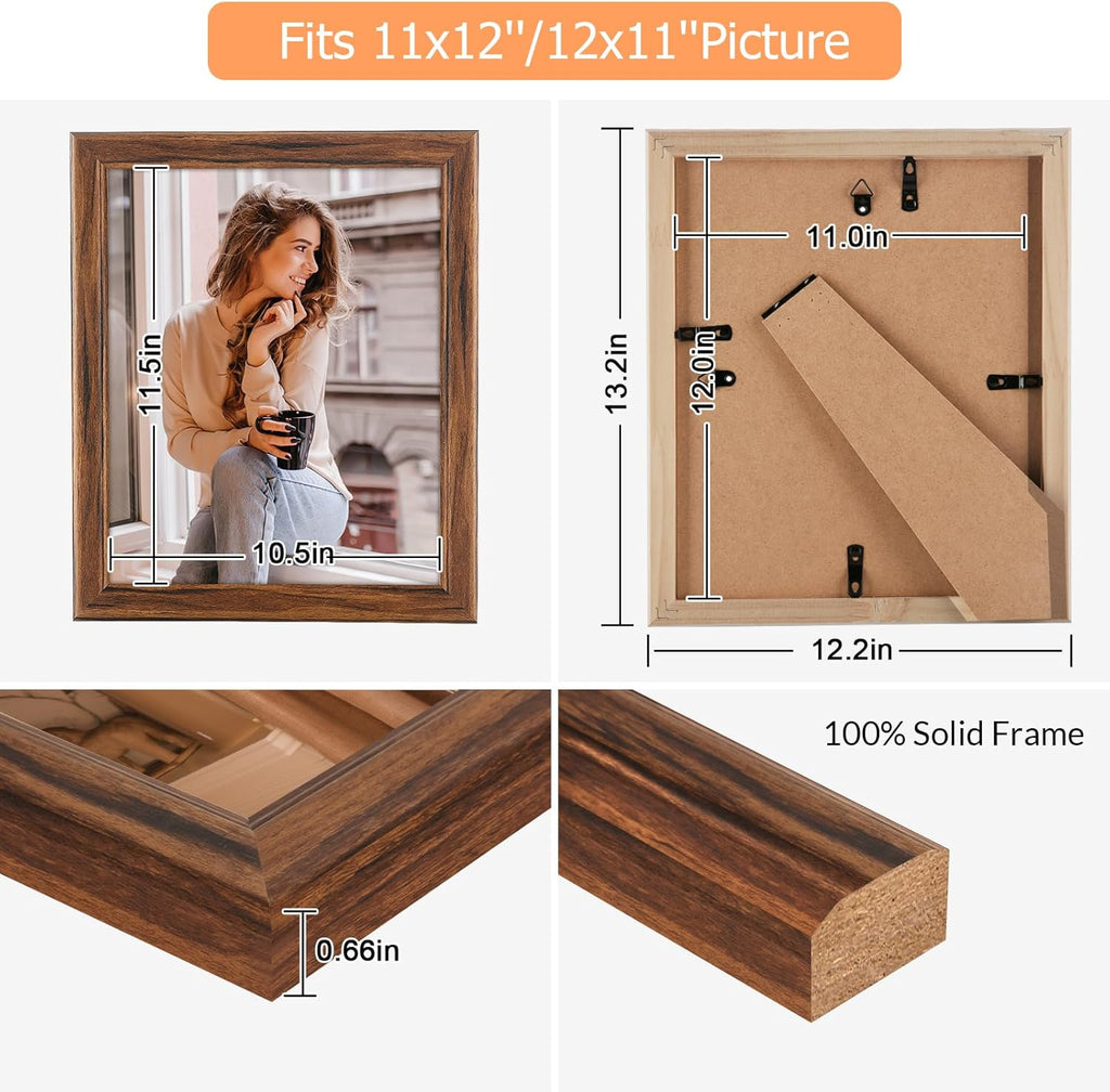 11x12 Wood Frame Brown, Natural Wooden 12x11in Picture Frames, Modern Golden 11 x 12inch Gallery Photo Pic Frame with HD Plexiglass, Horizontal Vertical Wall Mounting Tabletop Display 1Pcs