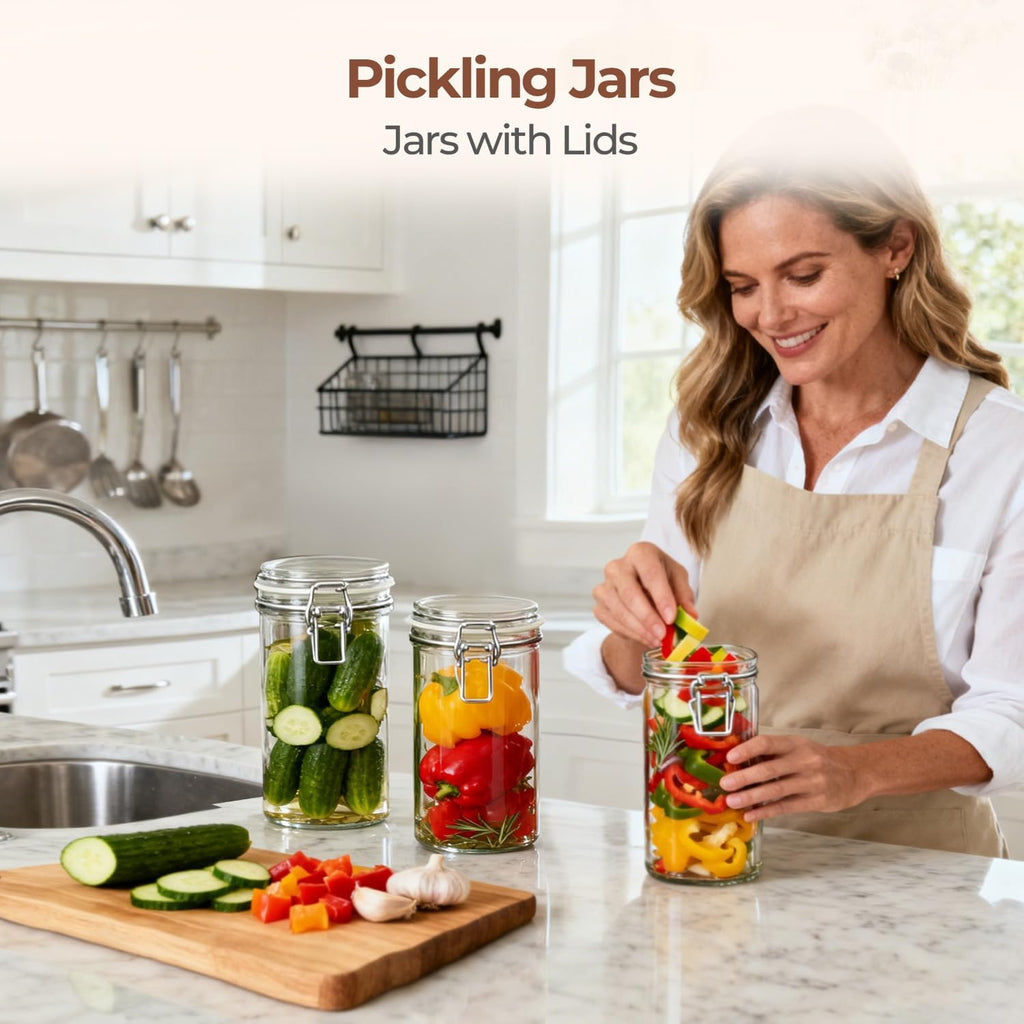 ComSaf Glass Jars with Airtight Lid Set of 3, Mason Jars 34 oz, Pickling Jar, Canning Jar 34oz, 34 oz Glass Containers with Lids for Kitchen, Pickle, Flour, Cereal, Pasta, Sugar, Herb