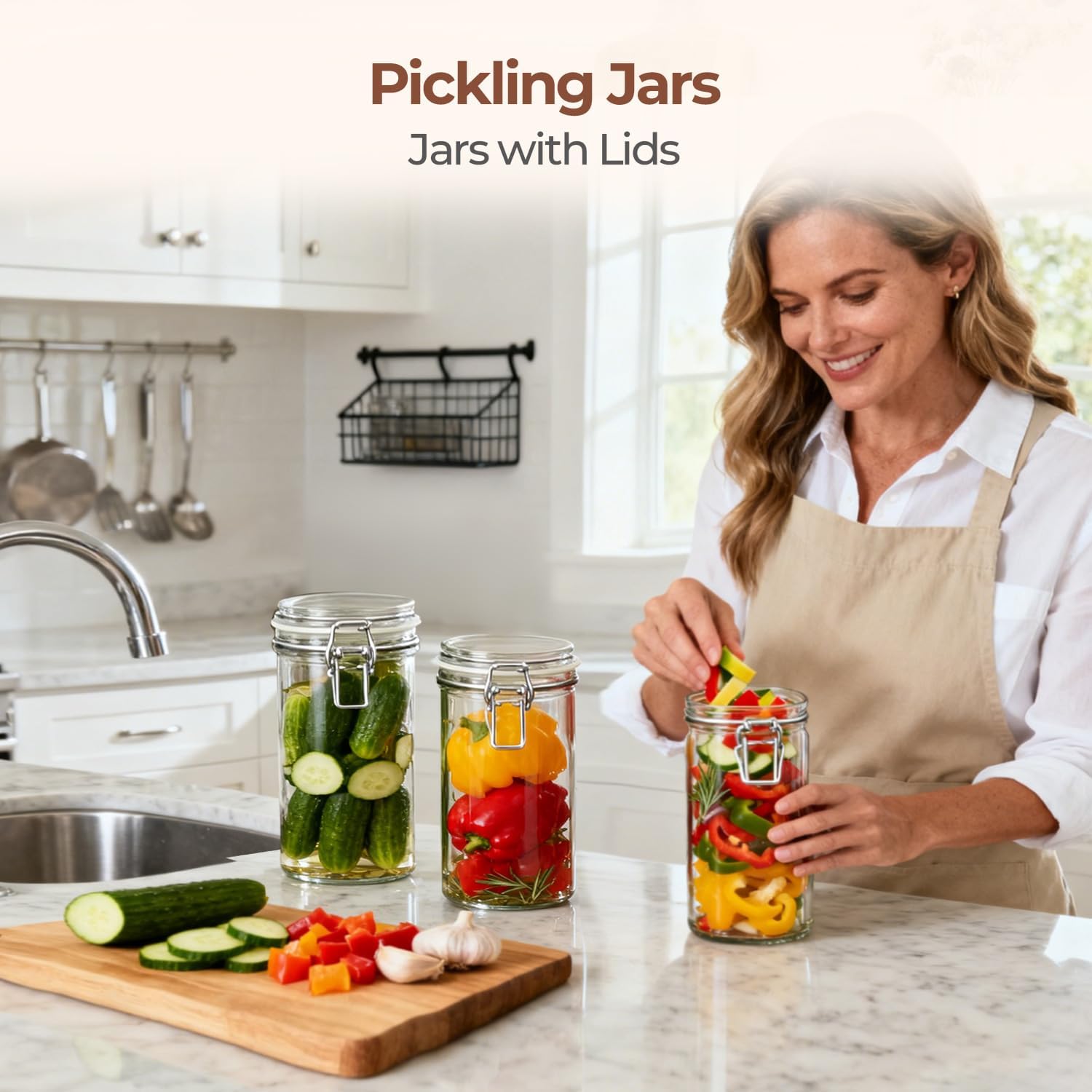 ComSaf Glass Jars with Airtight Lid Set of 3, Mason Jars 34 oz, Pickling Jar, Canning Jar 34oz, 34 oz Glass Containers with Lids for Kitchen, Pickle, Flour, Cereal, Pasta, Sugar, Herb