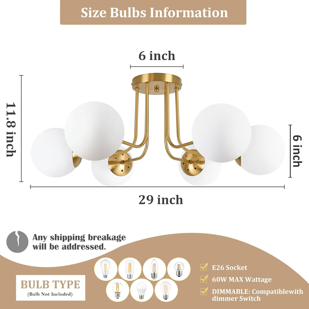KoKo&Yukina 6-Light Mid Century Ceiling Light Modern Semi Flush Mount Ceiling Light Fixture Globe Ceiling Light with Milk Glass Shade Brushed Brass Finish for Bedroom Hallway Dining Room Living Room