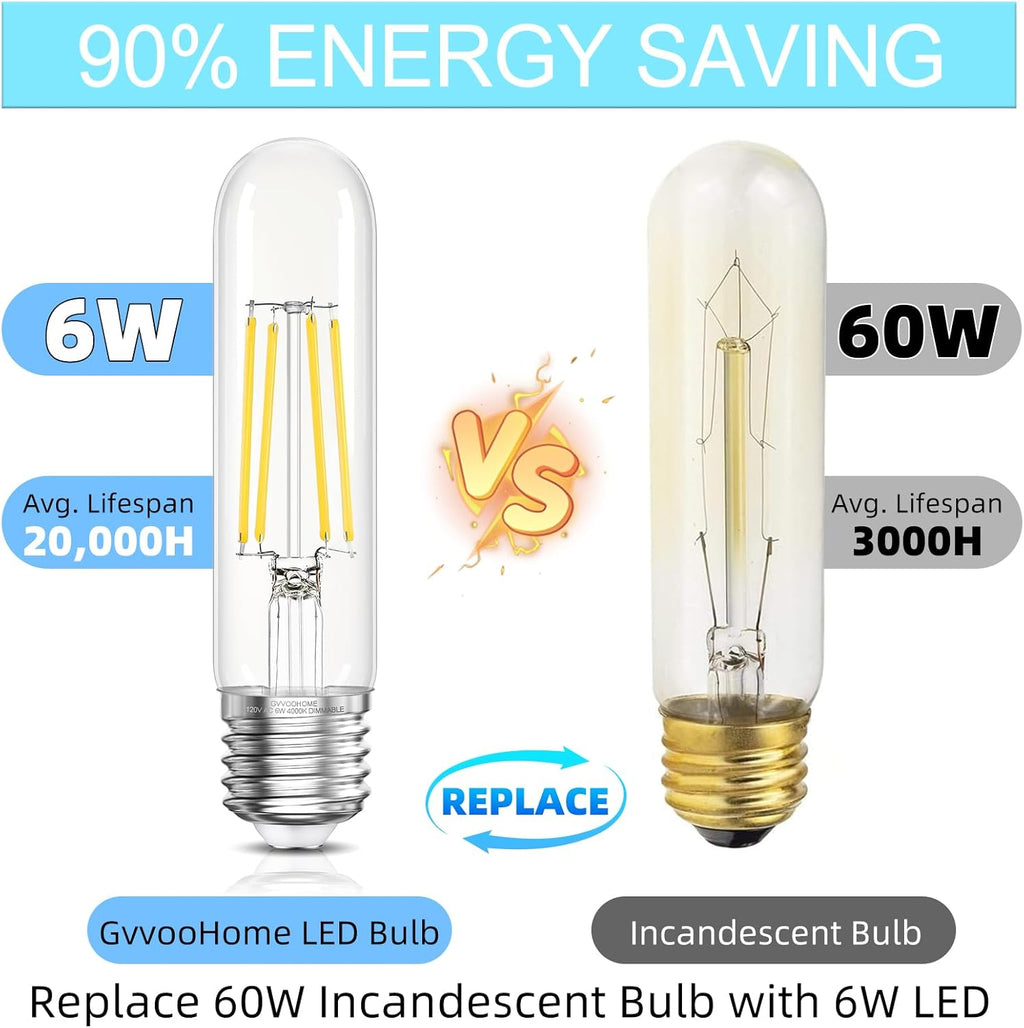 Tubular LED Edison Bulb Dimmable 4000K Neutral White, 6W, 60 watt Equivalent, E26 LED Light Bulbs, T10 Edison Bulbs for Chandeliers, Ceiling Fan, 90+CRI 600LM, 6 Pack