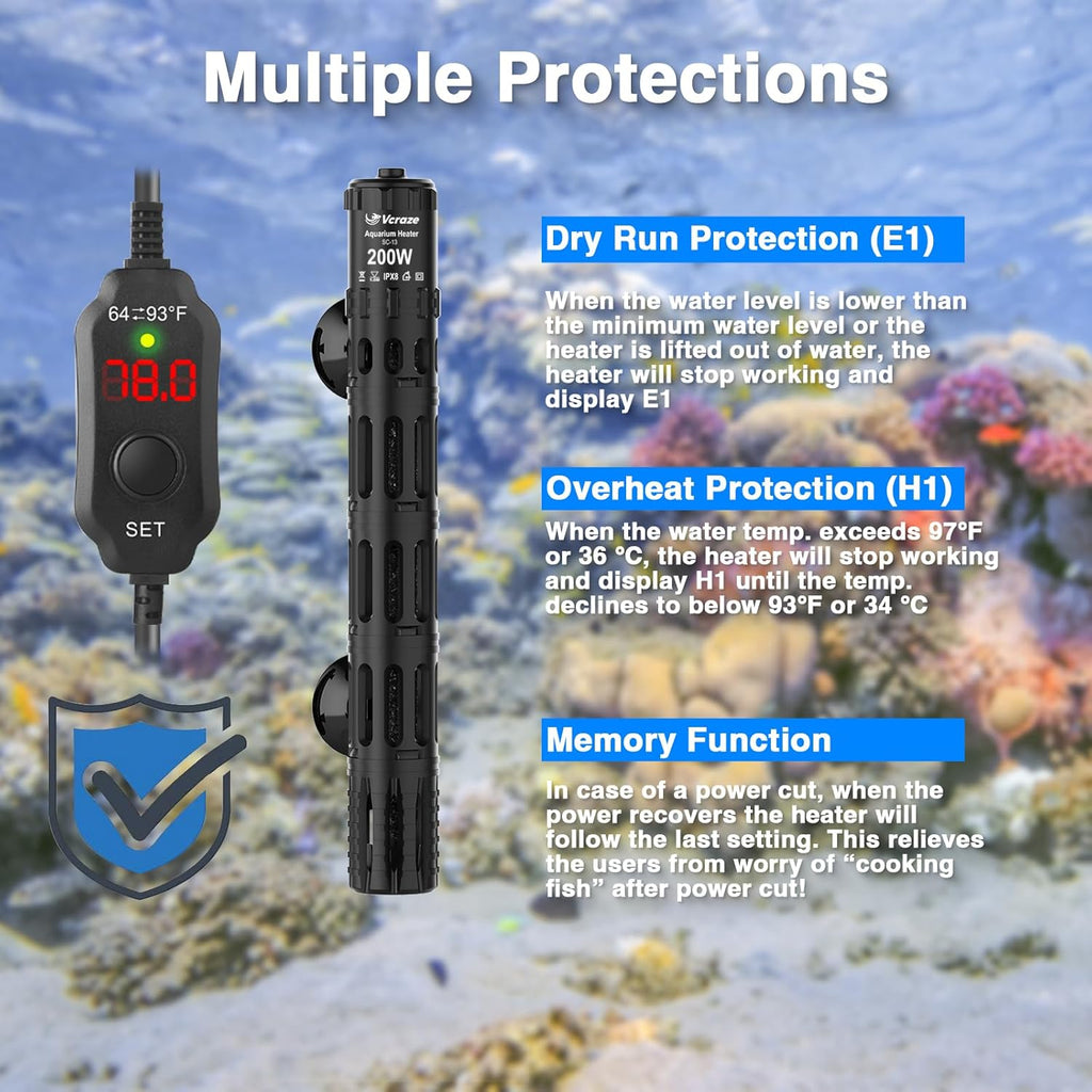 Fish Tank Heater with LED Digital Display Thermostat, Submersible Aquarium Heater with Protective Housing, 200W Adjustable Fish Heater for 20-40 Gallon Tanks