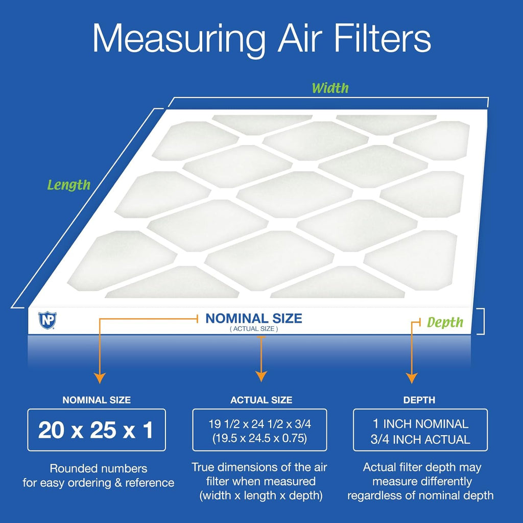 Nordic Pure 20x25x1 (Actual Size: 19 1/2 x 24 1/2 x 3/4) Poly Green MERV 6 AC Furnace Air Filters – Reduces Dust, Pollen, Pet Dander & Allergens – 12-Pack