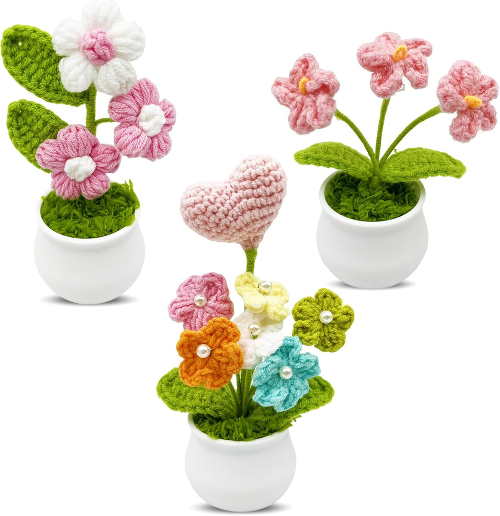3pcs Crochet Flowers Cute Potted Flower,Mini Flower Bouquet for Mom Wife, Cute Desk Decor for Women,Artificial Handmade Flowers for Car Dashboard,Home Office Decoration (Color#8)