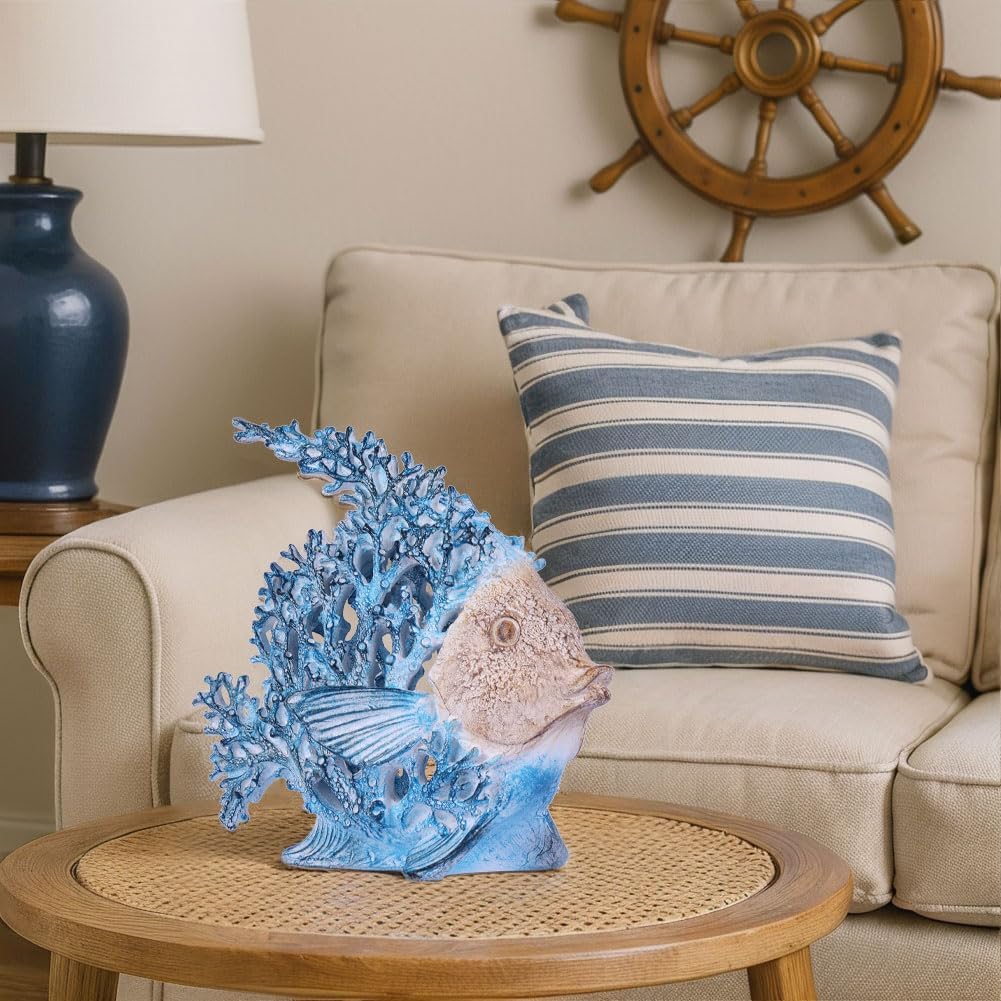 Beach Coastal Decor Turquoise Coral Reef Angelfish Figurines, Modern Nautical Decor Ocean Centerpieces for Living Room, Bathroom, Office, Coffee Table, Beach House, Seaside, Entrance, Shelf Decorative
