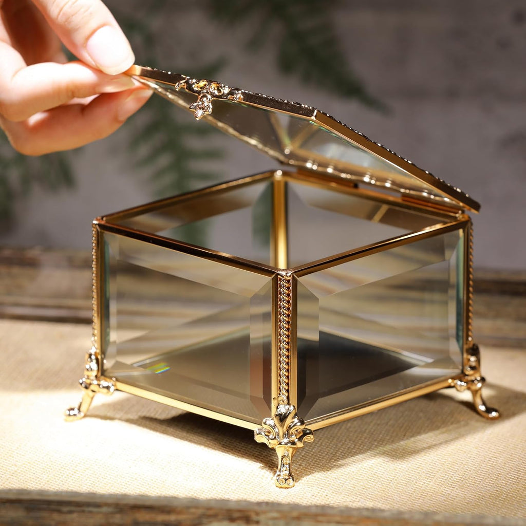Glass Vintage Jewelry Box Keepsake storage Trinket Ring Display Box Home Decor Beveled Clear Glass Box Organizer(4.6x4.6x3.2Inches)