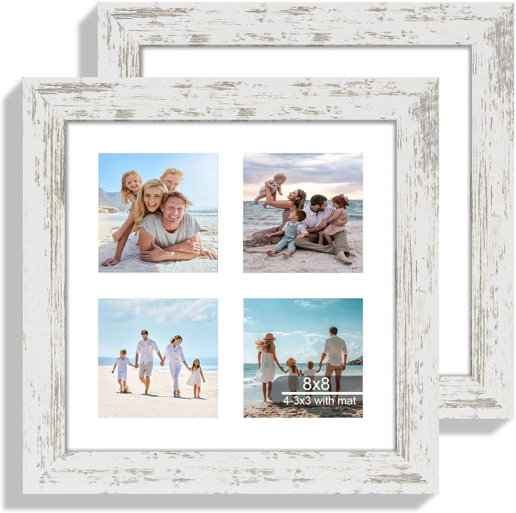 8x8 Picture Frame Set of 2, with Glass and Distressed White Wood Frames, Display Collage Four Opening 3x3 With Mat or 8 x 8 Without Mat for Wall Hanging or Tabletop