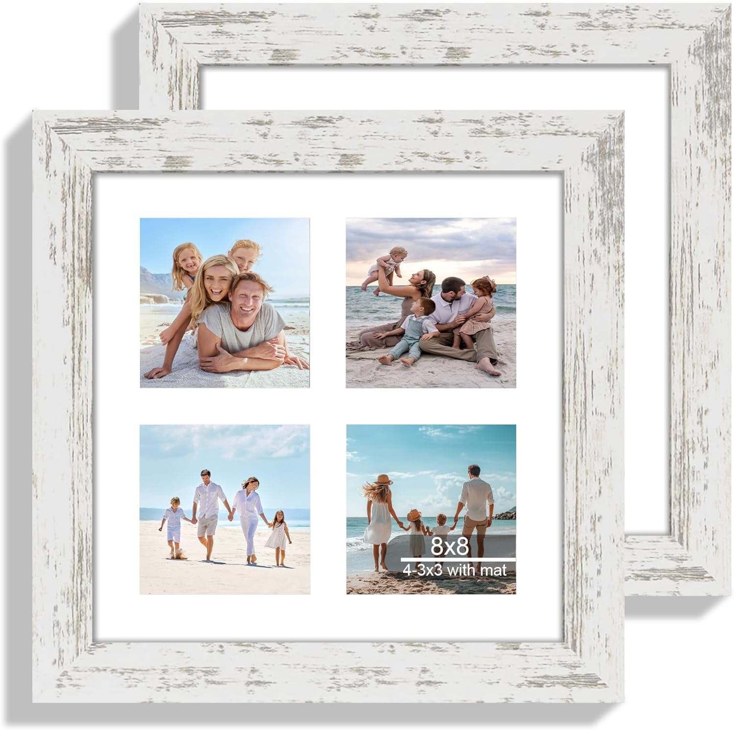 8x8 Picture Frame Set of 2, with Glass and Distressed White Wood Frames, Display Collage Four Opening 3x3 With Mat or 8 x 8 Without Mat for Wall Hanging or Tabletop