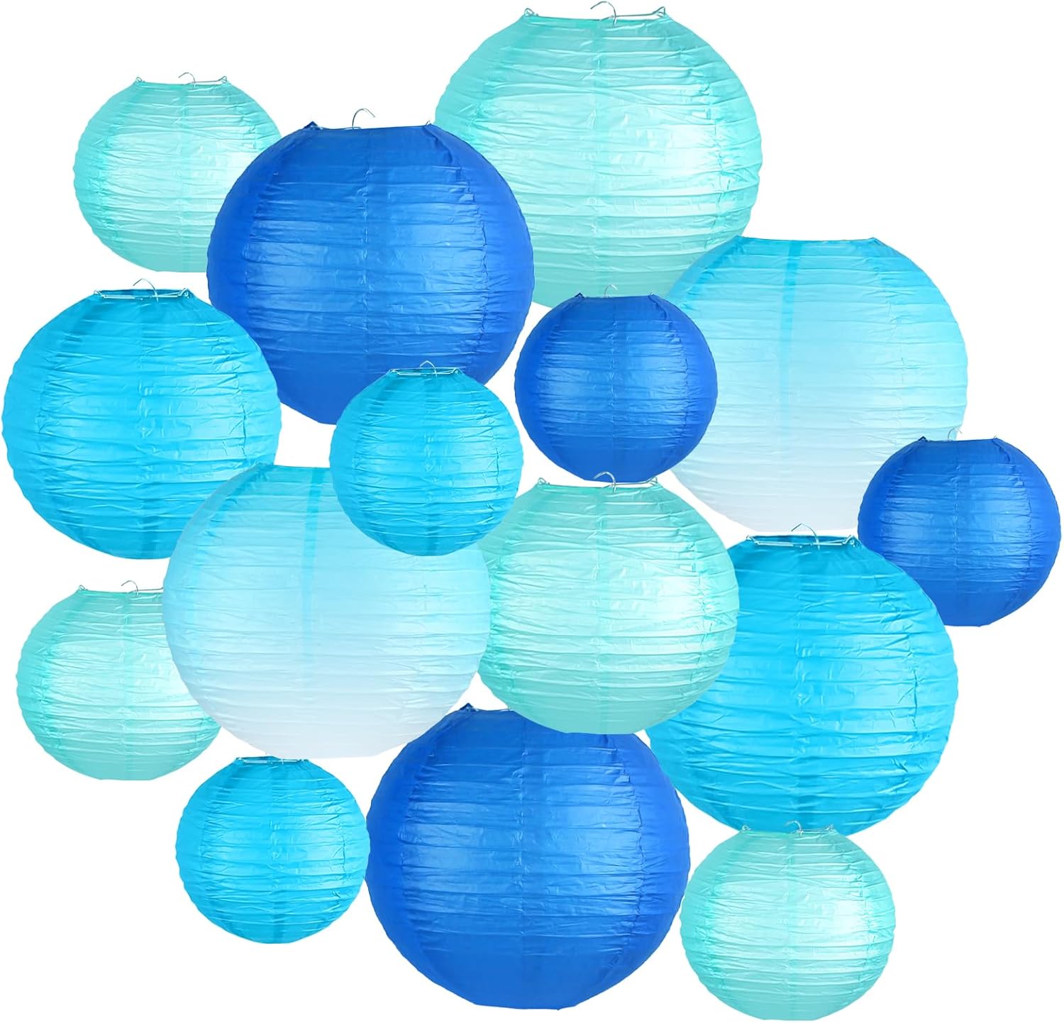 Paper Lanterns Decorative, Gradient Blue Round Hanging Paper Lantern Decorations for Anniversary Graduation Wedding Birthday Party Baby Shower Decorations, 15Pcs