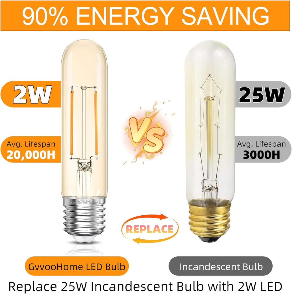 Tubular LED Edison Bulb 2200K Amber Warm Dimmable, 2W, 25 watt Equivalent, E26 LED Light Bulbs, T10 Edison Bulbs for Chandeliers, Ceiling Fan, 90+CRI 250LM, 6 Pack