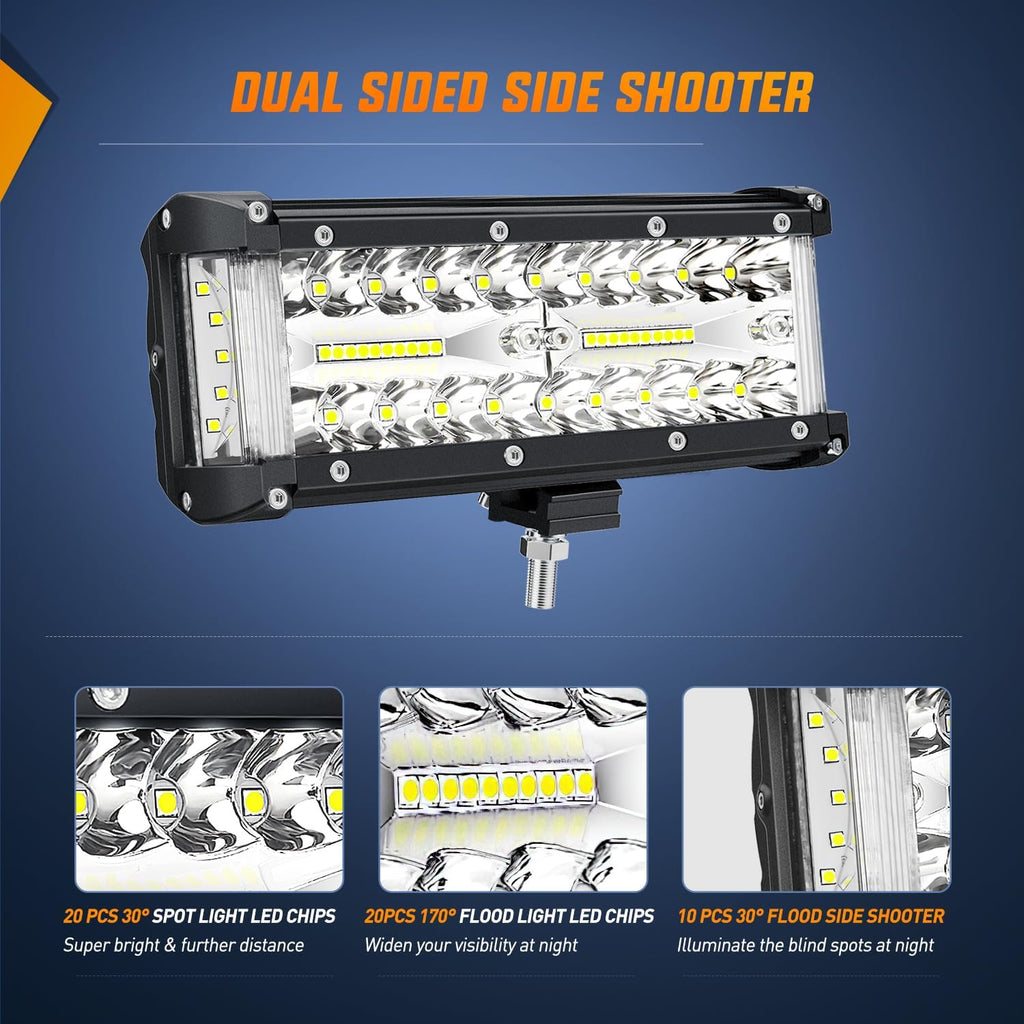 Nilight Side Shooter LED Light Bar 2PCS 7 Inch Triple Row Spot Flood Combo Lights with Wiring Harness Kit for Off Road Fog Driving Work Lighting on Truck SUV ATV UTV