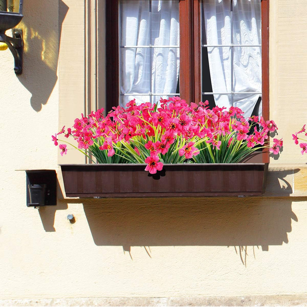12 Bundles Artificial Flowers Outdoor UV Resistant Fake Flowers No Fade Faux Plastic Plants Garden Porch Window Box Decorating(Rose red)