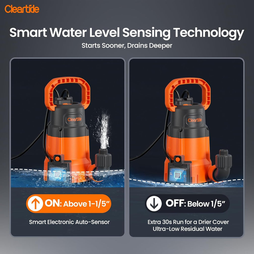 Cleartide Submersible Sump Pump, Smart Water Sensor Auto On/Off, Manual/Auto Mode, 1/4HP 2160GPH Multi-Use Utility Water Pump for Pool/Basement/Garden Drainage