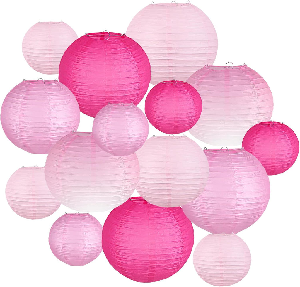 Paper Lanterns Decorative, Gradient Pink Round Hanging Paper Lantern Decorations for Wedding, Valentine's Day, Anniversary, Baby Shower, Girls Birthday Party Supplies, 15Pcs