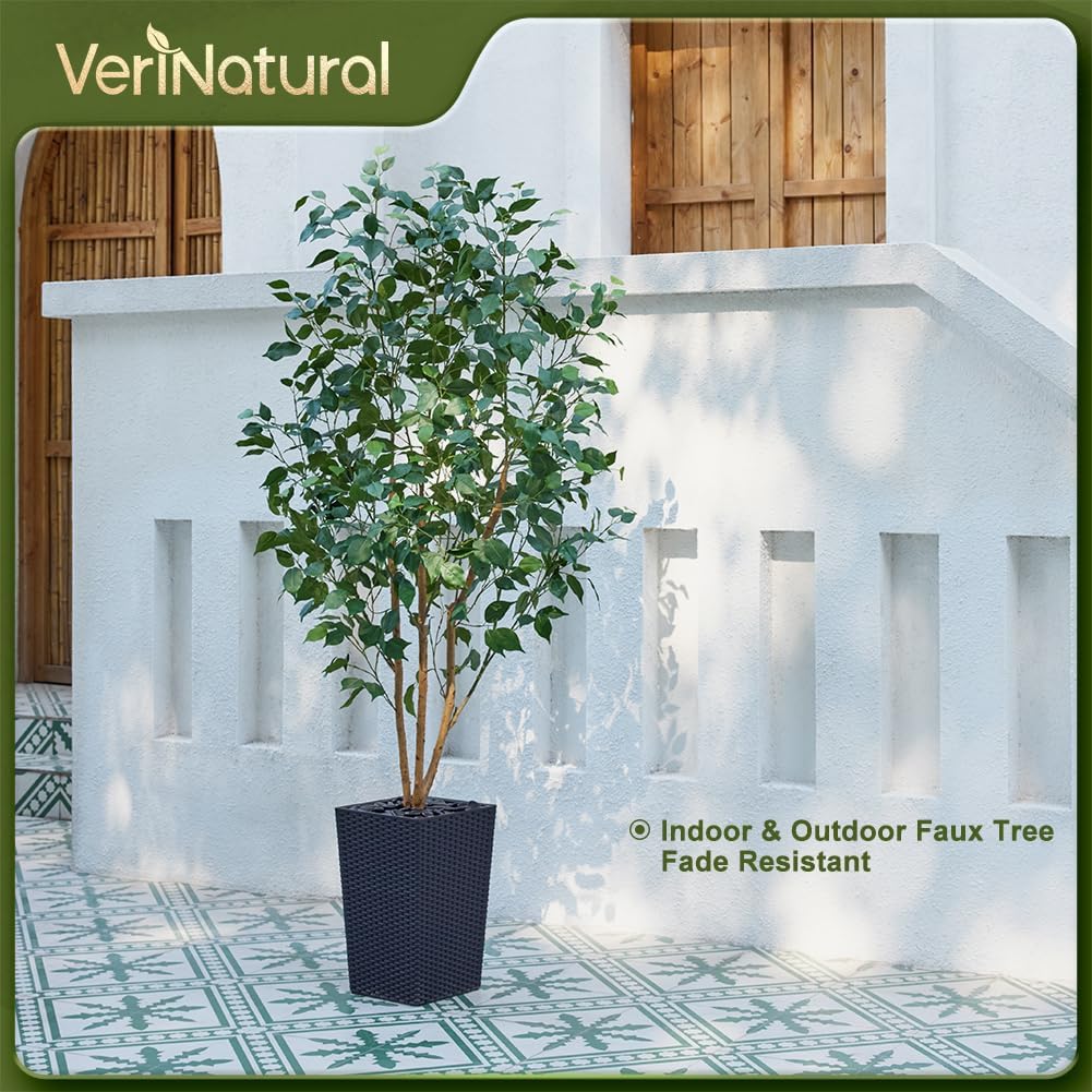 6ft Artificial Ficus Tree,Tall Faux Tree with Silk Leaves & Real Wood Trunk,UV Resistant Potted Fake Plant with Pebbles & Planter-Indoor Outdoor Floor Plant for Home Living Room,VN129