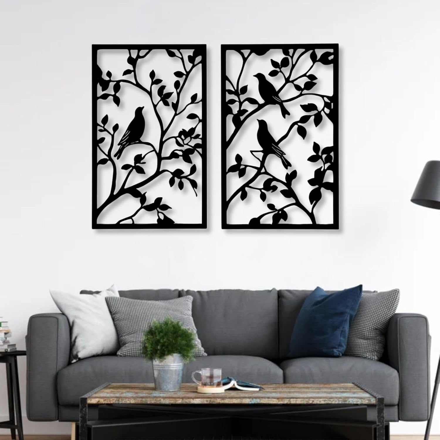 huefoam 2 Pieces Birds on a Branch Wall Decor, Metal Tree Branch Wall Decor, Metal Bird Wall Art for Living Room, Bedroom, Dining Room (Gold, single:48"×30"/121×76cm(set of 2), metal art wall decor)