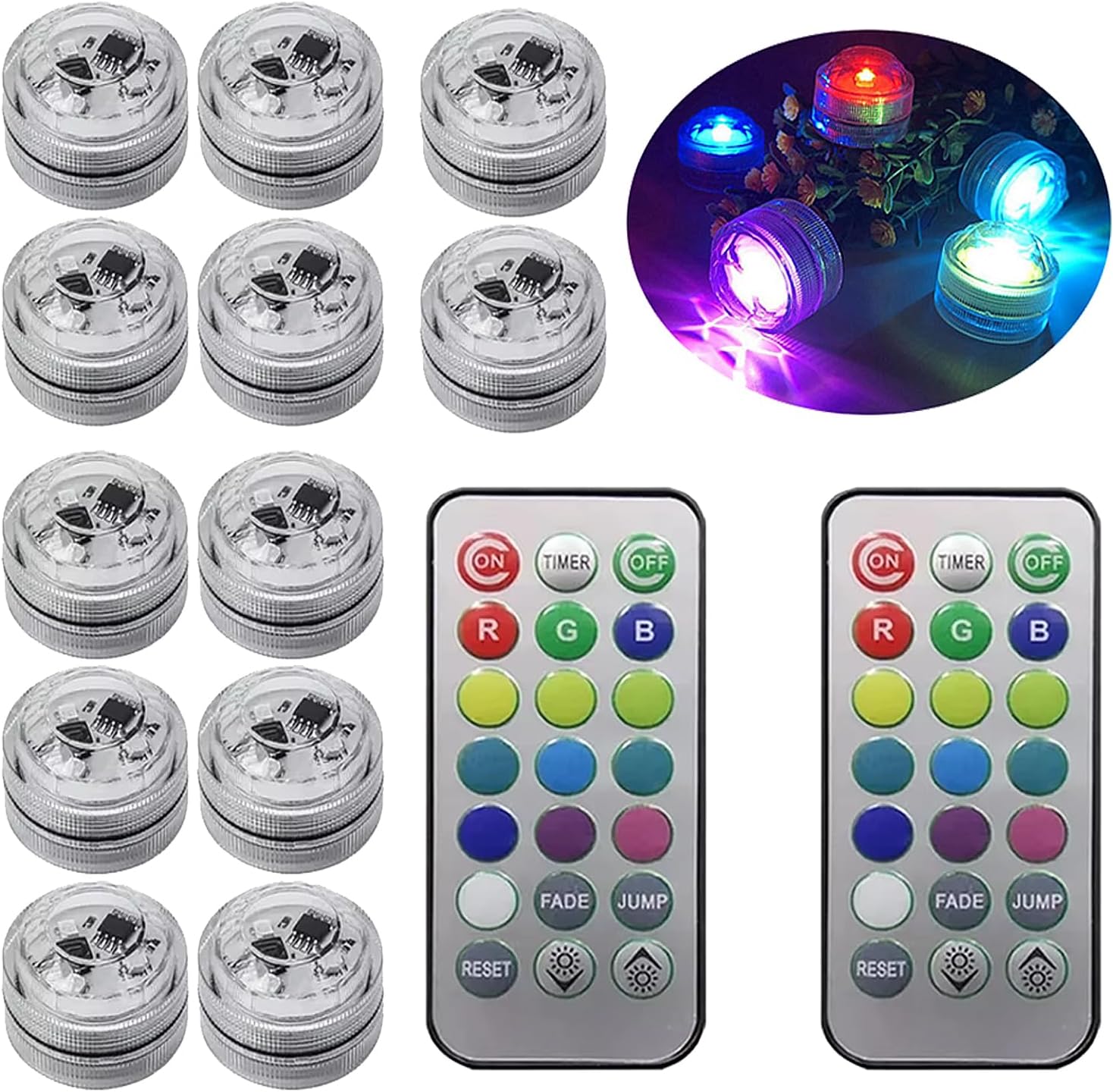 Submersible LED Lights, 12 PCS RGB Waterproof Color Changing Tea Light with Remote Control, Battery Operated Mini Lights for Vase, Pool, Pond, Fish Tank,Parties,Wedding,Halloween,Christmas Decor, Car