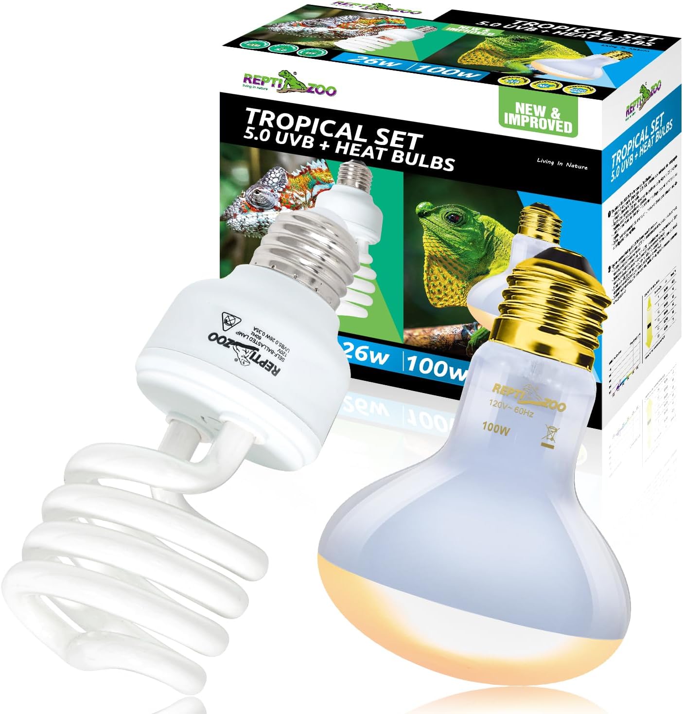REPTI ZOO Reptile Heat Lamp Combo Pack, 100W UVA Daylight Basking Spot Light Heating Lamp and 26W UVA UVB Reptile Light Energy Saving Spiral Compact Lamp UVB Bulb 5.0