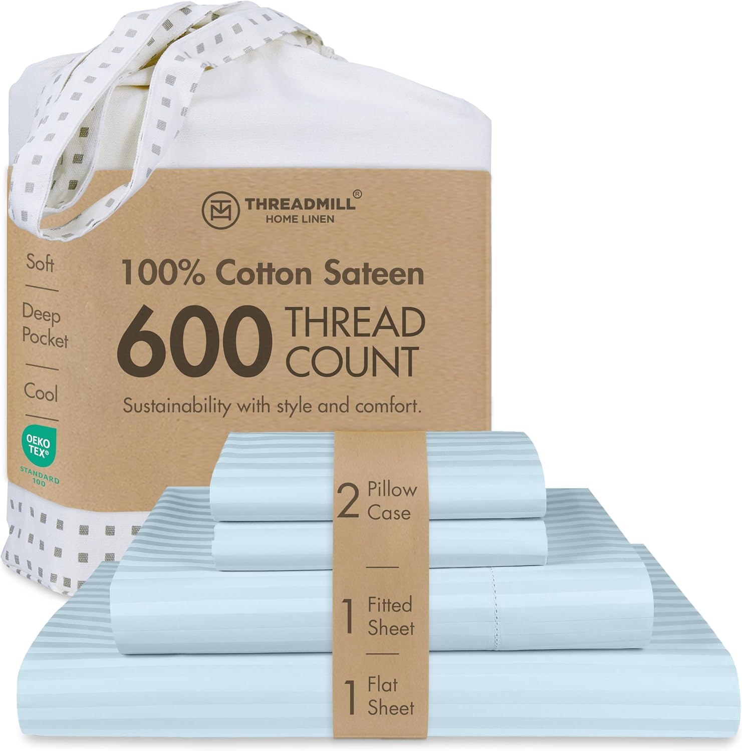 Threadmill 100% Cotton Sheets for Cal King Size Bed - 600 Thread Count Cal King Bed Sheets Set with 16” Deep Pocket - Damask Stripe Sateen Weave 4-Piece Bedding Set with Cooling Effect, Blue