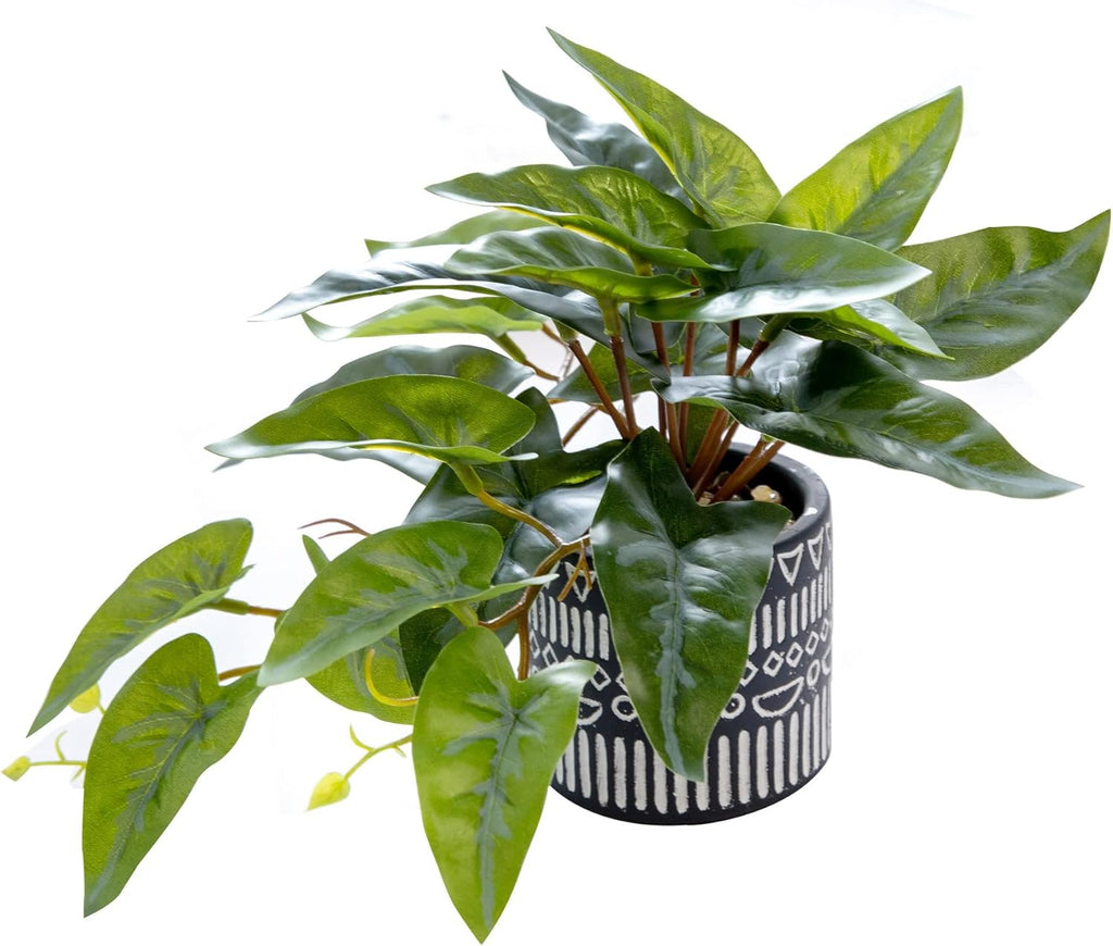 AlphaAcc Faux Plant Decor Potted Artificial Small Greenery Ivy Leaves Plants with Black and White Geometry Patterns Cement Pot for Office Desk Home Kitchen Decoration (Taro Leaf)