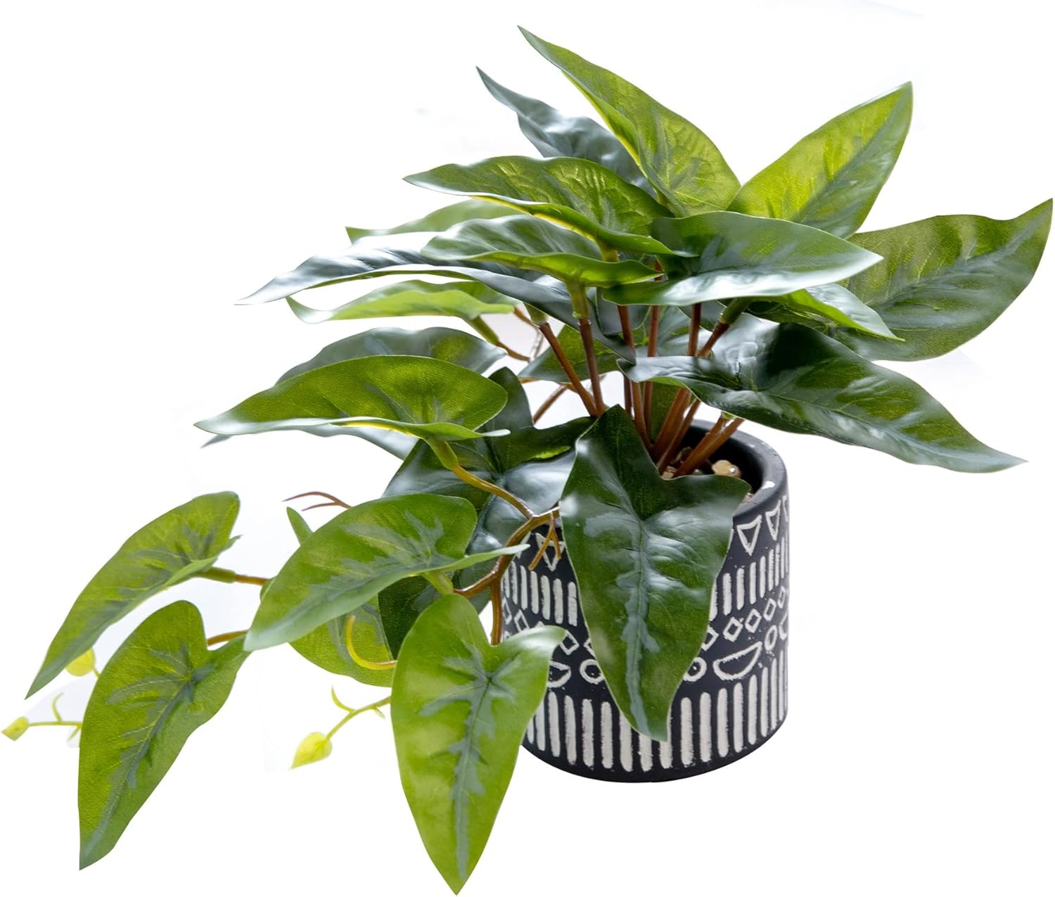 AlphaAcc Faux Plant Decor Potted Artificial Small Greenery Ivy Leaves Plants with Black and White Geometry Patterns Cement Pot for Office Desk Home Kitchen Decoration (Taro Leaf)